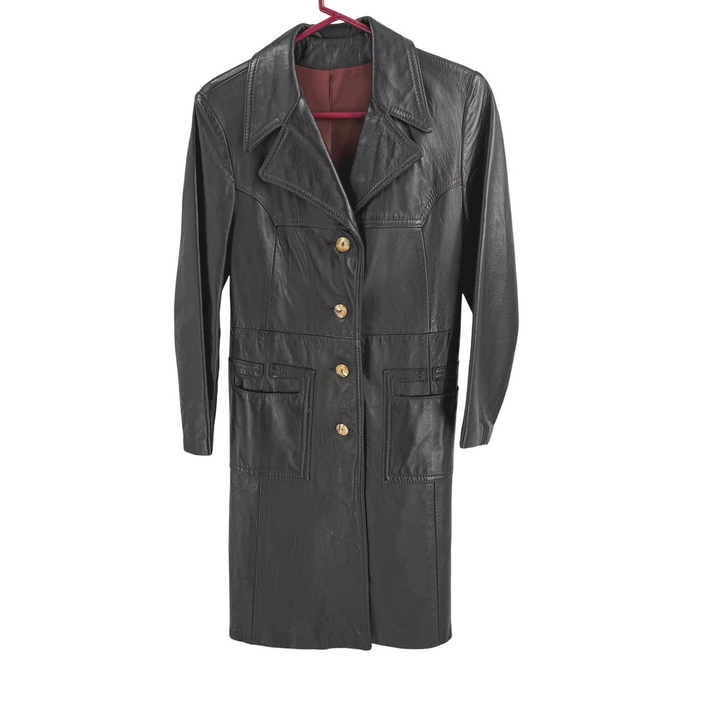 Vtg Leather Trench Coat 10 Black Button Front Jacket Goth Grunge Retro Matrix